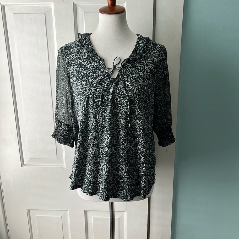 Lucky Brand Green and White Ditsy Floral Print Sheer Short Sleeve Blouse
